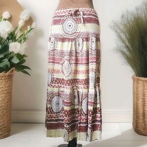 Y2K Zoey Beth Boho Midi Skirt M‎ Crinkle Elastic Waist Geometric Print USA Made